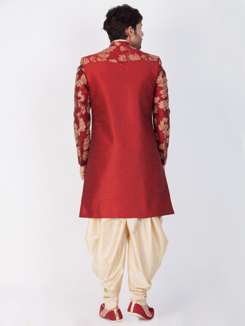 Vastramay Men's Maroon Silk Blend Sherwani Set